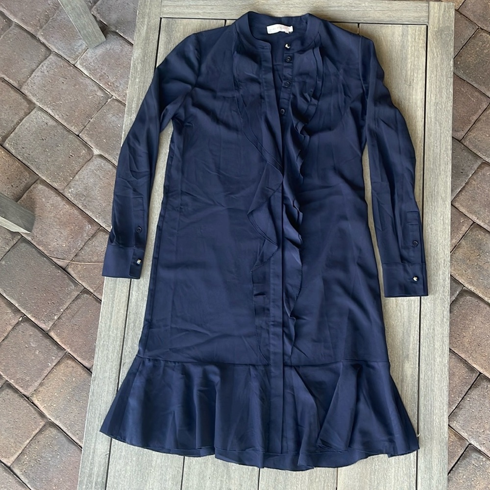 Tory Burch “Jane” Ruffle Front Long‑Sleeve Shirt Dress FREE SHIPPING